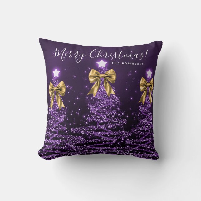 Festive Holiday Purple Christmas Trees Name Gold  Cushion (Front)