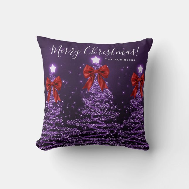 Festive Holiday Purple Christmas Trees Name Red  Cushion (Front)