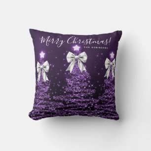 Festive Holiday Purple Christmas Trees Name Silver Cushion