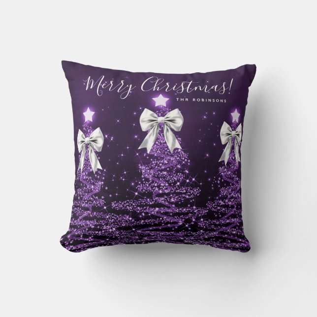 Festive Holiday Purple Christmas Trees Name Silver Cushion (Front)