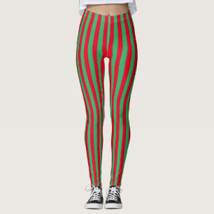 Festive Holiday Red and Green Vertical Stripes Leggings