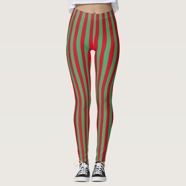 Festive Holiday Red and Green Vertical Stripes Leggings (Front)