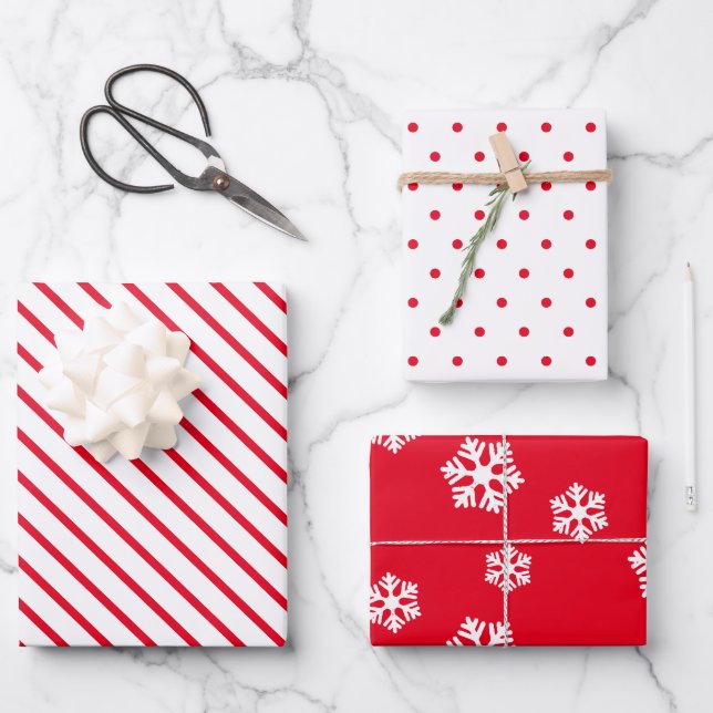 Festive Holiday Red and White Pattern Wrapping Paper Sheet (Front)