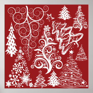 Festive Holiday Red Christmas Tree Xmas Pattern Poster