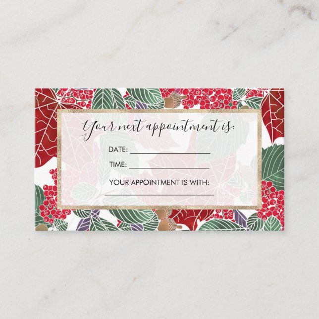 Festive Holiday Red Green Pink Autumn Holly Leaves Appointment Card (Front)