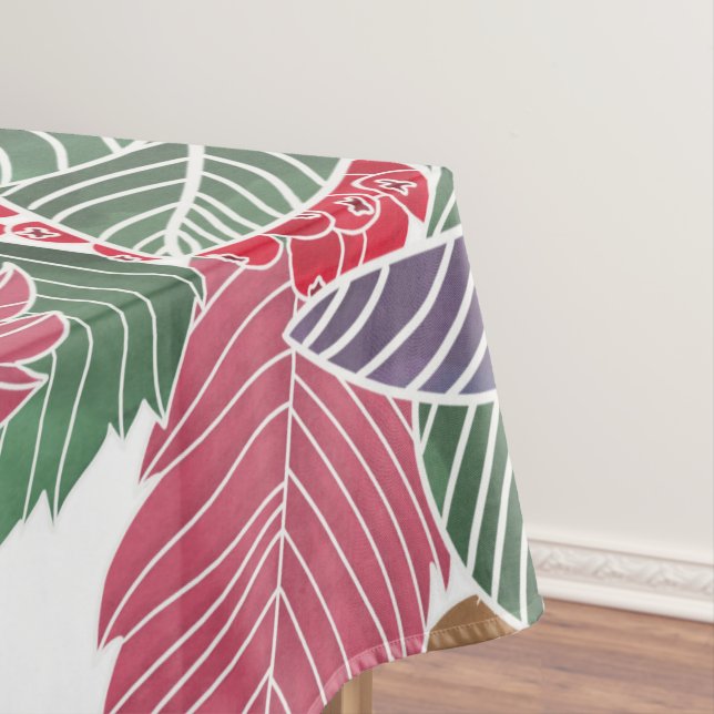 Festive Holiday Red Green Pink Autumn Holly Leaves Tablecloth (In Situ)