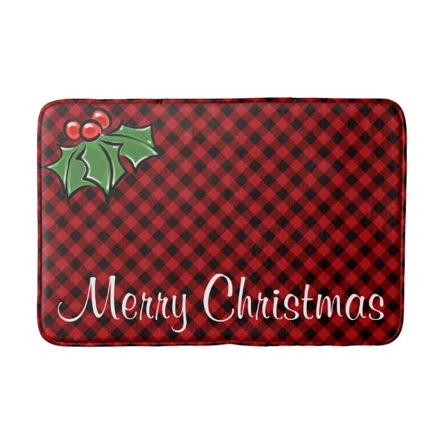 Festive holiday Red Plaid Holly berries leaves Bath Mat (Front)