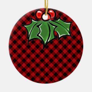 Festive holiday Red Plaid with Holly Sprigs Ceramic Tree Decoration