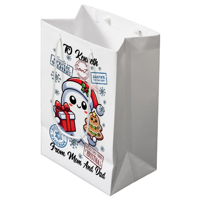 Festive Holiday Sack With Cute Ghost Medium Gift Bag (Front Angled)