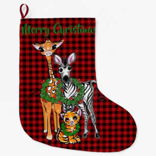 Festive Holiday safari friends, red black plaid  L Large Christmas Stocking