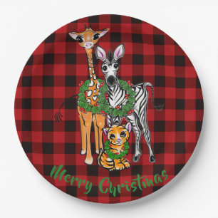 Festive Holiday safari friends, red black plaid    Paper Plate
