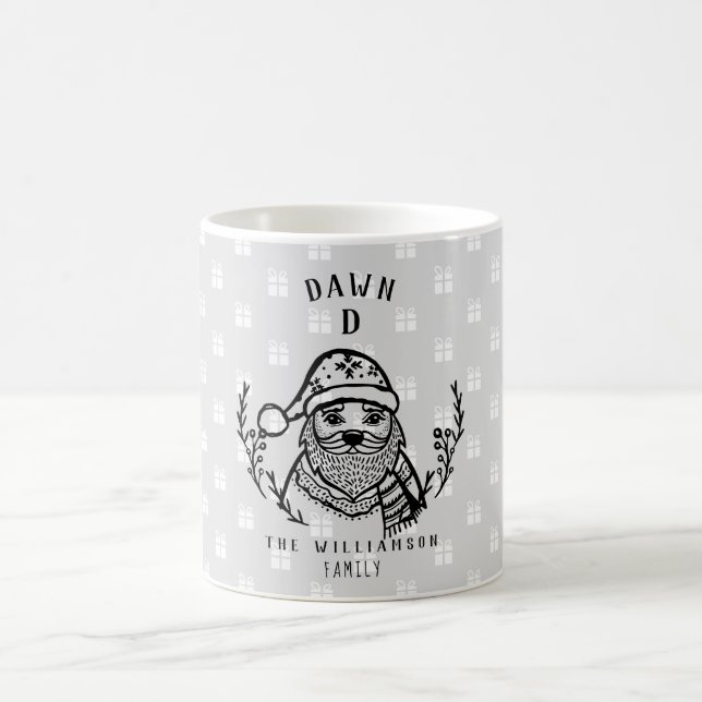 Festive Holiday Santa Etching Family Monogram Coffee Mug (Center)