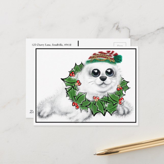 Festive holiday Seal pup | Xmas wreath  Postcard (Front/Back In Situ)