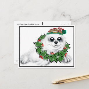 Festive holiday Seal pup   Xmas wreath  Postcard