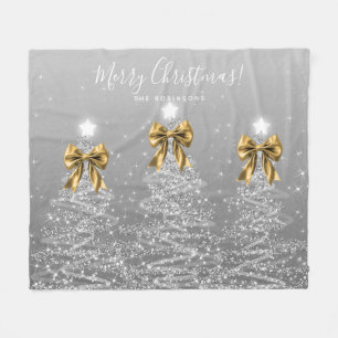 Festive Holiday Silver Christmas Trees Gold Bows Fleece Blanket