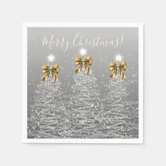 Festive Holiday Silver Christmas Trees Gold Bows Napkin (Front)