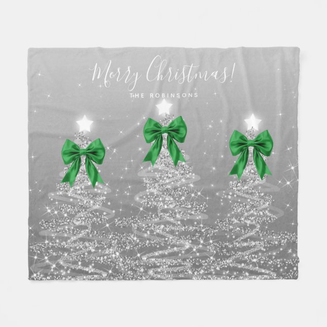 Festive Holiday Silver Christmas Trees Green Bows Fleece Blanket (Front (Horizontal))