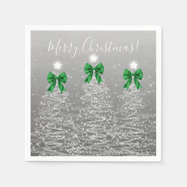Festive Holiday Silver Christmas Trees Green Bows Napkin (Front)