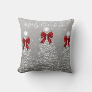 Festive Holiday Silver Christmas Trees Red Name Cushion