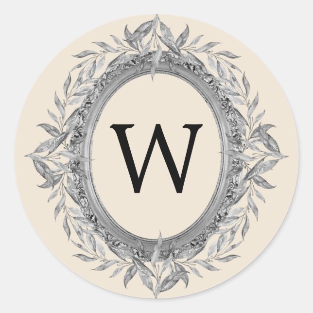 Festive Holiday Silver Grey Leaves Wreath Monogram Classic Round Sticker (Front)