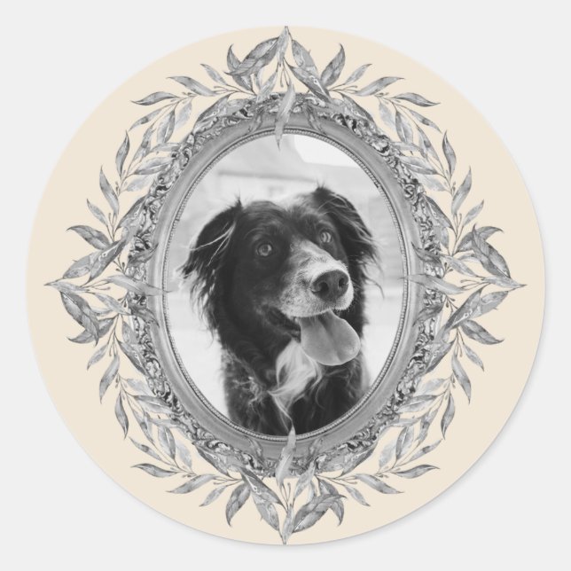 Festive Holiday Silver Leaves Wreath Photo Classic Round Sticker (Front)