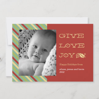 Festive holiday stripes GIVE LOVE JOY photo card