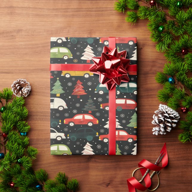 Festive holiday wrapping paper with cars and trees (Holiday Gift)
