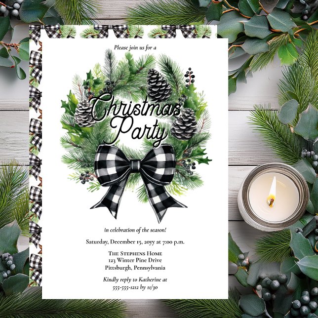 Festive Holiday Wreath BW Bow Christmas Party  (Festive Holiday Wreath with BW Check Coquette Bow "Christmas Party" Invitation - Print | Digital)