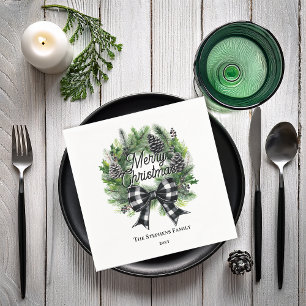 Festive Holiday Wreath BW Bow Merry Christmas  Napkin