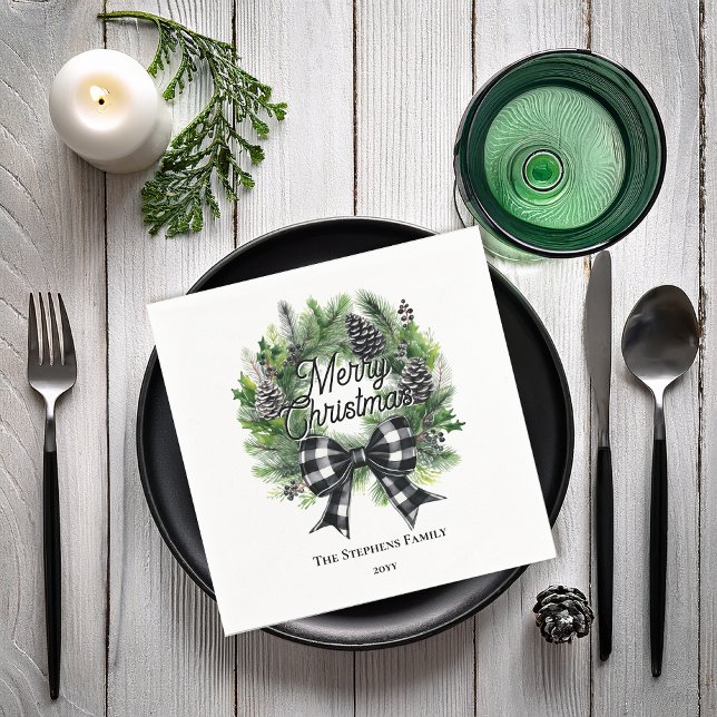 Festive Holiday Wreath BW Bow Merry Christmas  Napkin (Festive Holiday Wreath with BW Check Coquette Bow "Merry Christmas" Paper Napkins)
