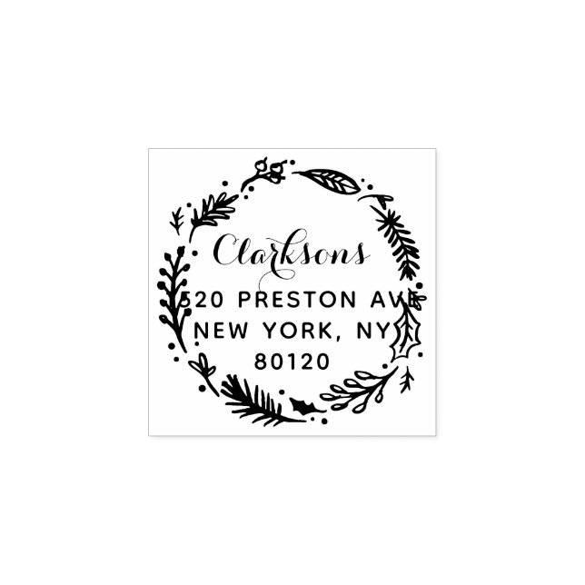 Festive Holiday Wreath Custom Return Address Rubber Stamp (Imprint)