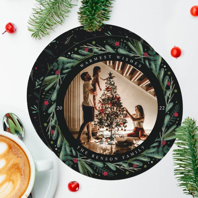 Festive Holiday Wreath Leaves Berries Round Card (Creator Uploaded)