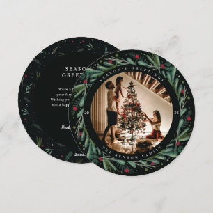 Festive Holiday Wreath Leaves Berries Round Card
