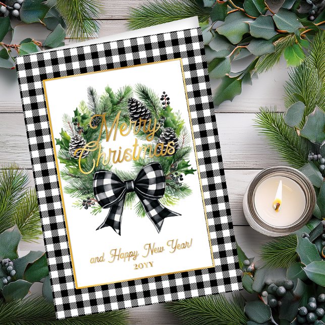 Festive Holiday Wreath Merry Christmas Non-Photo (Festive Holiday Wreath with Black | White Check Bow "Merry Christmas" Foil Folded Holiday Card)