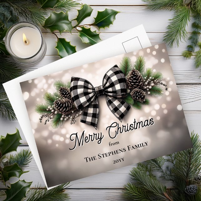 Festive Holiday Wreath Merry Christmas Non-Photo (Festive Holiday Wreath with Black | White Check Coquette Bow "Merry Christmas" Postcard)