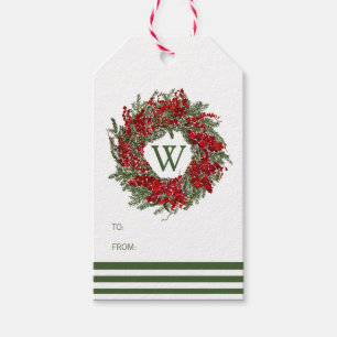Festive Holiday Wreath Monogram Gift Tag
