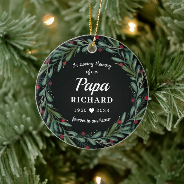 Festive Holiday Wreath Papa Memorial Photo Back Ceramic Tree Decoration (Tree)
