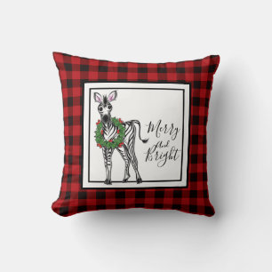 Festive Holiday Zebra, Holly wreath, buffalo plaid Cushion