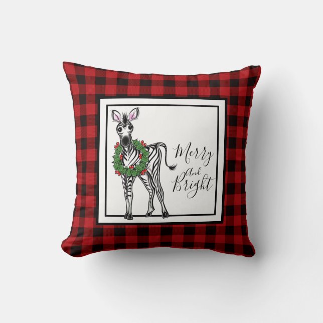 Festive Holiday Zebra, Holly wreath, buffalo plaid Cushion (Front)