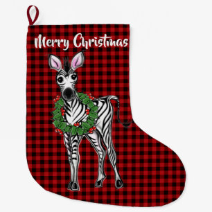 Festive Holiday Zebra, Holly wreath, buffalo plaid Large Christmas Stocking