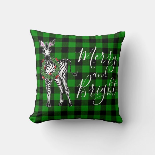 Festive Holiday Zebra, Holly wreath, green plaid  Cushion (Front)