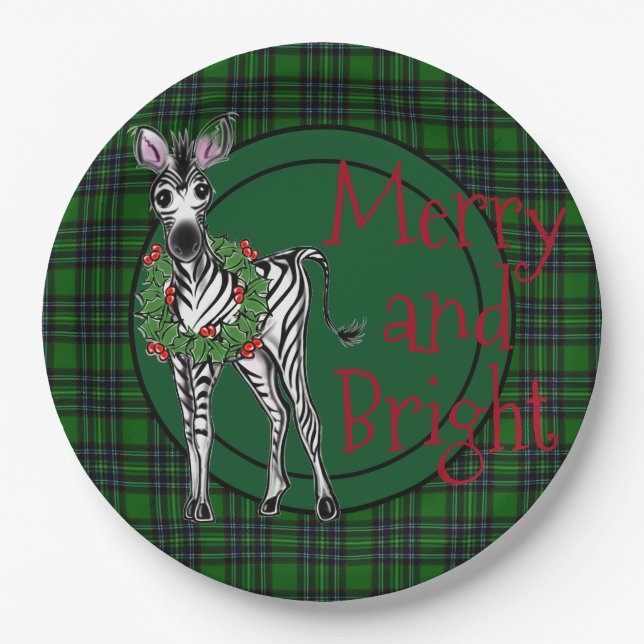 Festive Holiday Zebra Holly wreath | green plaid  Paper Plate (Front)
