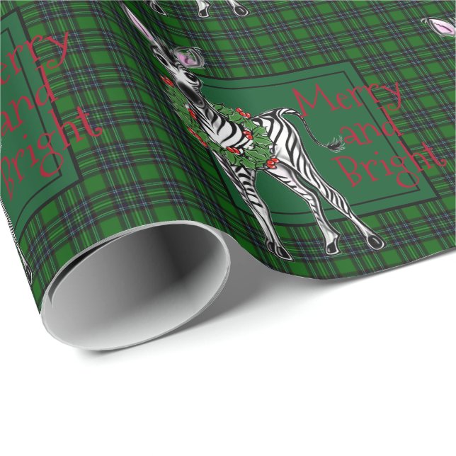 Festive Holiday Zebra Holly wreath | green plaid  Wrapping Paper (Roll Corner)