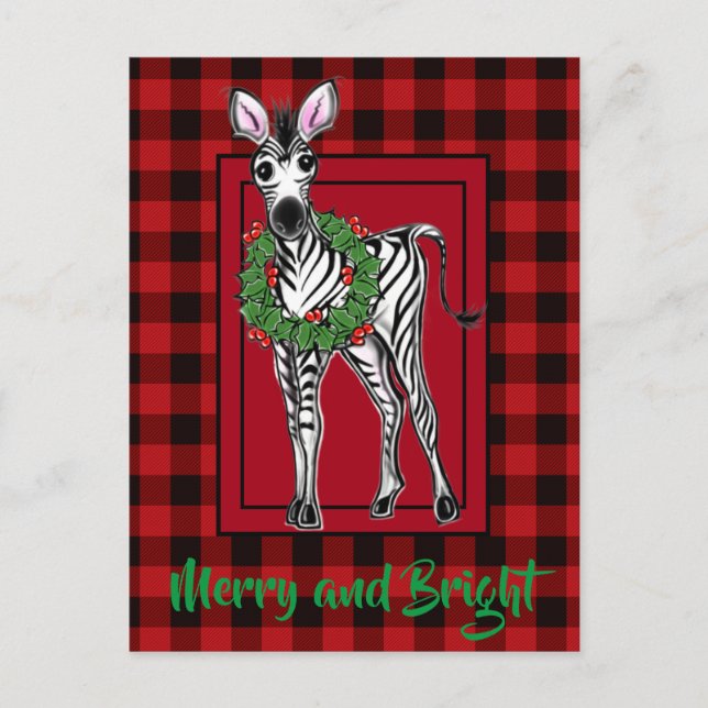 Festive Holiday Zebra Holly wreath | red buffalo  Postcard (Front)