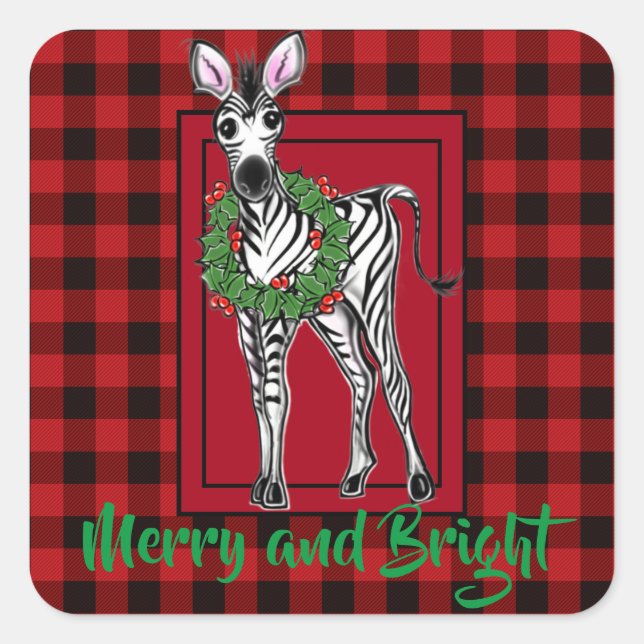Festive Holiday Zebra Holly wreath | red buffalo  Square Sticker (Front)
