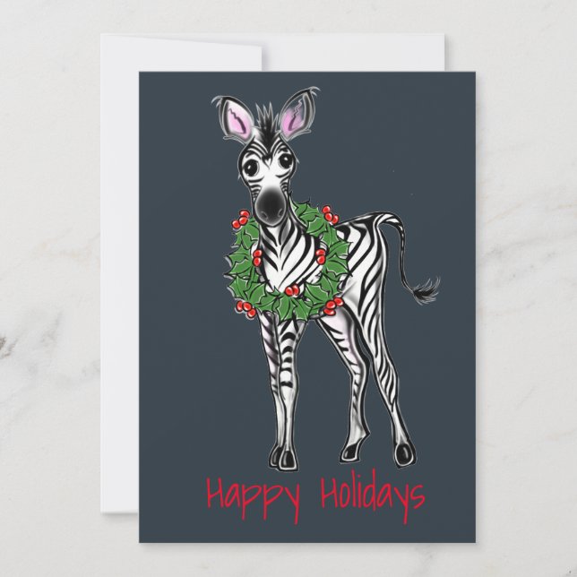 Festive Holiday Zebra Illustration, Holly wreath (Front)