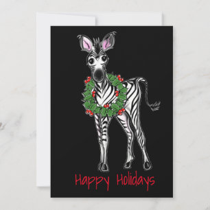 Festive Holiday Zebra Illustration, Holly wreath Card