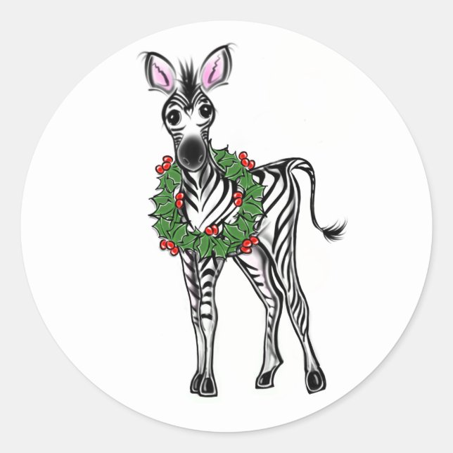 Festive Holiday Zebra illustration, Holly wreath Classic Round Sticker (Front)