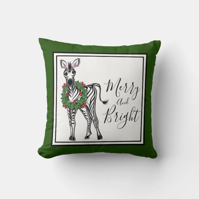 Festive Holiday Zebra illustration, Holly wreath Cushion (Front)