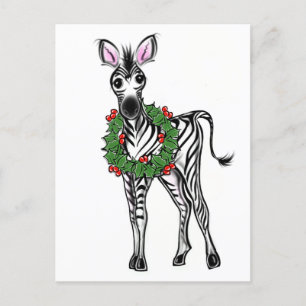 Festive Holiday Zebra illustration, Holly wreath Postcard